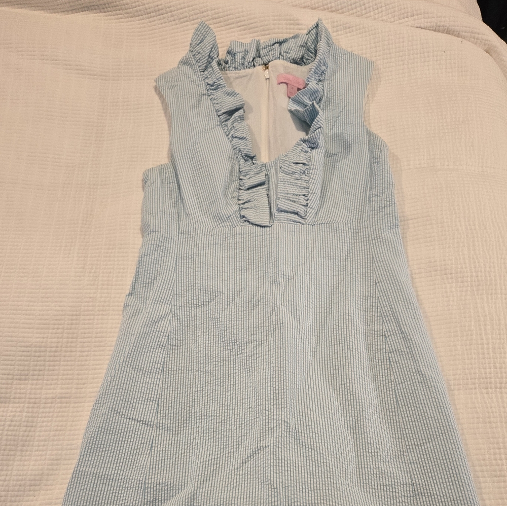 Seersucker ruffle neck shift dress